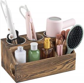 img 4 attached to Wooden Hair Tool Organizer By Tukuos - Vintage Countertop Bathroom Organizer With 6 Compartments For Curling Iron, Flat Iron, Blow Dryer, And Styling Accessories (Brown)