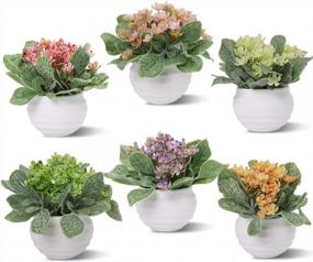 img 4 attached to 6-Pack Mini Artificial Plant Set By Zuvas - Lifelike Plastic Faux Flowers, Herbs, And Greenery In Small Pots For Bathroom, Office, Table, And Shelf Decor