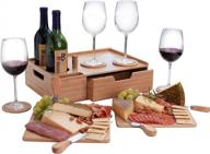 mv bamboo wine & cheese serving tray with drawer, coasters, knives, boards & handles for easy carrying logo