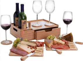 img 4 attached to MV Bamboo Wine & Cheese Serving Tray With Drawer, Coasters, Knives, Boards & Handles For Easy Carrying