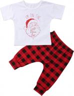 adorable christmas outfit set for toddler girls: short-sleeve santa t-shirt with plaid pants logo