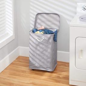 img 3 attached to MDesign Large Polyester Rolling Laundry Hamper With Wheels, Removable Lid, And Rope Carrying Handles - Collapsible Hampers With Wheels For Compact Storage - Tall Single Compartment Basket - Gray