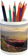 ambesonne mountain pencil pen holder, sunrise in valley meadow with rhododendrons wildlife idyllic rural scenery, printed ceramic pencil pen holder for desk office accessory, yellow green pink logo