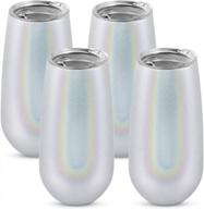 4 pack stemless double insulated champagne flute tumbler with lid, 6 oz unbreakable reusable cocktail champagne toasting glasses, great gift for friends family christmas birthday, glitter white logo