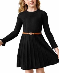 img 4 attached to Girls Knit Sweater Pleated A-Line Swing Dress With Long Sleeve Ribbed Uniform