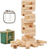 54 pcs pine wooden tumble tower game set with dice and scoreboard - stack to 3ft block stacking board game for kids, children, teenagers. logo