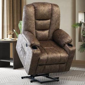 img 4 attached to Comfort Reclining Chair For Seniors With Electric Massage, Heated Vibrations, Side Pockets, Cup Holders, USB Ports, Remote Control, Fabric Living Room Recliner Bed (Brown A)