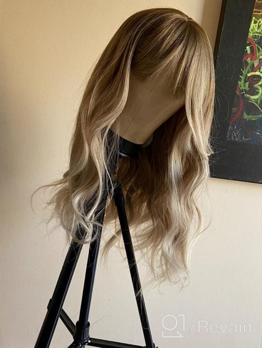 img 1 attached to Natural Looking Synthetic Wig For Women - 24 Inch Ombre Blonde Curly Wavy Full Wig With Bangs And Dark Roots For Daily Wear And Parties By FESHFEN review by Kimoni Arenas