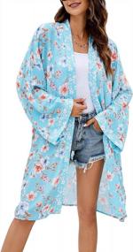 img 4 attached to Women Summer Floral Kimono Cardigan Long Flowy Open Front Beach Swimsuit Cover Up