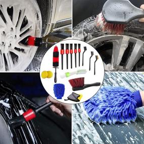 img 3 attached to 🚗 Jaronx 15-Piece Car Wheel & Tire Brush Set, 17" Long Handle Rim Wheel Brush, Short Handle Wheel Brush, Detailing Brushes, Wash Mitt, Vent Duster, Wax Applicator Pads, Washing Towels, Wire Brushes