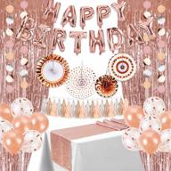 complete rose gold birthday party decor set for girls or women - includes glitter table runner, happy birthday banner, fringe curtains, circle dots garland, silver ribbons, and rose gold balloons logo