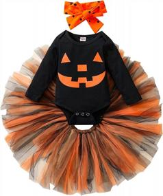 img 4 attached to Halloween Costume For Baby Girls: 3-Piece Set Featuring Long Sleeve Pumpkin Face Romper, Tutu Skirt, And Headband