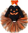 halloween costume for baby girls: 3-piece set featuring long sleeve pumpkin face romper, tutu skirt, and headband logo