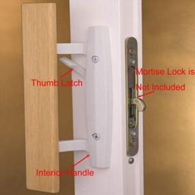 img 1 attached to White Diecast Non-Keyed Mortise Reversible Sliding Patio Door Handle Set With Oak Wood Interior Handle And Exterior Pull, Fits 3-15/16” Screw Hole Spacing, Includes Latch Lock