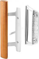 white diecast non-keyed mortise reversible sliding patio door handle set with oak wood interior handle and exterior pull, fits 3-15/16” screw hole spacing, includes latch lock logo
