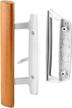 white diecast non-keyed mortise reversible sliding patio door handle set with oak wood interior handle and exterior pull, fits 3-15/16” screw hole spacing, includes latch lock logo