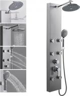 upgrade your shower with rovogo stainless steel shower panel system featuring rainfall shower, body jets and handheld wand logo