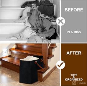 img 2 attached to 🧺 Black Stair Basket with Leather Handles - Internal Support for 16 Inch Carpeted Stairs Organizer and Wooden Storage - Felt Step Collapsible Decor