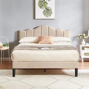 img 3 attached to VECELO Queen Upholstered Platform Bed: Height-Adjustable Tufted Headboard And Strong Wood Slat Support For Mattress Foundation - No Box Spring Needed In Champagne Beige