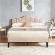 vecelo queen upholstered platform bed: height-adjustable tufted headboard and strong wood slat support for mattress foundation - no box spring needed in champagne beige logo
