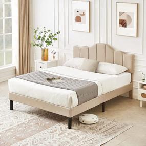 img 1 attached to VECELO Queen Upholstered Platform Bed: Height-Adjustable Tufted Headboard And Strong Wood Slat Support For Mattress Foundation - No Box Spring Needed In Champagne Beige
