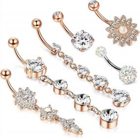 img 3 attached to Stylish 14G Stainless Steel Belly Button Rings With CZ Inlay - Set Of 6 Dangle Navel Rings For Women, Barbell Body Piercing Jewelry By HANPABUM