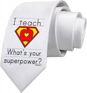 white neck tie with 'i teach - what's your superpower' print by tooloud for teachers logo