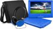 entertain on the go with the ematic portable dvd player - 9-inch swivel screen, travel bag, and headphones in blue logo