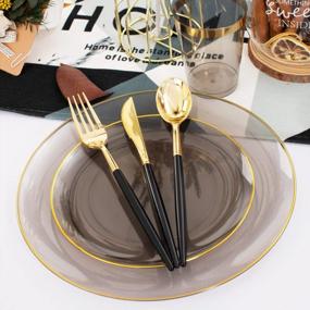 img 2 attached to Supernal 180Pcs Black Plastic Dinnerware Set,Black Plastic Plates,Clear Plastic Plates With Gold Rim,Gold Plastic Silverware,Black Clear Gold Cups For Christmas, Thanksgiving, Halloween