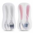 bpa free kirecoo 2 set toddler utensils, stainless steel forks and spoons flatware set with travel carrying cases for self feeding - white & pink logo