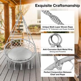 img 2 attached to Greenstell Swing Hanging Chair, Hold Up To 350LBS/158KG Hammock Chair With Hanging Kits And Removable & Washable Cushion, Cotton Rope Macrame Swing Chair For Outdoor, Indoor, Grey