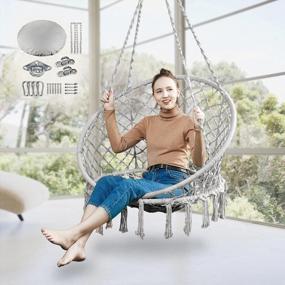 img 4 attached to Greenstell Swing Hanging Chair, Hold Up To 350LBS/158KG Hammock Chair With Hanging Kits And Removable & Washable Cushion, Cotton Rope Macrame Swing Chair For Outdoor, Indoor, Grey
