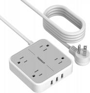 tessan extension cord with 15 ft long power strip, 4 ac outlets, and 3 usb ports, flat plug design, ideal for home, dorm room, office, and nightstand charging station, wall mountable - grey logo