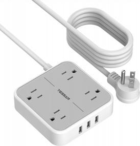 img 4 attached to Tessan Extension Cord With 15 Ft Long Power Strip, 4 AC Outlets, And 3 USB Ports, Flat Plug Design, Ideal For Home, Dorm Room, Office, And Nightstand Charging Station, Wall Mountable - Grey