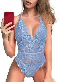 img 4 attached to Floral Lace Teddy Bodysuit Lingerie Set In Baby Blue - Sexy Mini Babydoll Underwear For Women