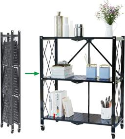 img 4 attached to Black Heavy Duty Metal Rack Storage Shelving Units With Wheels - 3-Tier Foldable Standing Shelf For Home Office Kitchen Garage, Multifunction Utility Cart By Soges (CXYM-R3-B)