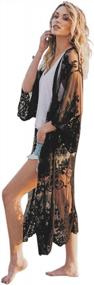 img 2 attached to Женский кружевной кардиган, связанный крючком, с цветочным принтом, прозрачное пляжное длинное кимоно от Romanstii