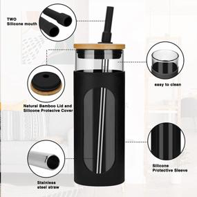 img 2 attached to Tronco 18Oz Glass Tumbler With Bamboo Lid And Straw, Glass Cup For Boba,Iced Coffee,Smoothie, Spill Proof Glass Water Bottle With Silicone Protective Sleeve, Dishwasher Safe,BPA Free