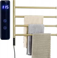 trustmi 4 arm swing swivel towel warmer with built-in timer and temperature indicator, plug-in electric wall mounted heated rack - brushed gold finish logo
