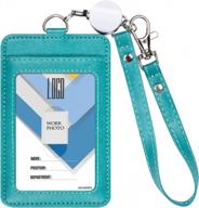 wisdompro 2-sided pu leather badge holder wallet with wrist lanyard, retractable reel and easy swipe – ideal for work, school, metro and access card – greenblue logo