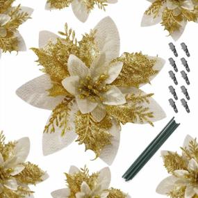 img 4 attached to 13Cm/5.2In Gold Poinsettia Artifical Flowers With Clips And Stems, Glitter Christmas Tree Ornaments Supplies For Xmas Wedding Party Happy New Year Decorations (10 Pcs)