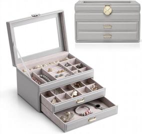 img 4 attached to Vlando Jewelry Box Organizers With Glass Display Top, Multi-Compartments For Necklaces Earrings Watches Rings Storage, 2-Layer Drawer Organizer, Vintage Gift For Girls Women,Grey