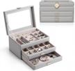 vlando jewelry box organizers with glass display top, multi-compartments for necklaces earrings watches rings storage, 2-layer drawer organizer, vintage gift for girls women,grey logo