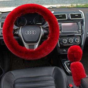 img 3 attached to 🍷 Wine Red Winter Warm Faux Wool Steering Wheel Cover Set - Valleycomfy Universal 15 Inch (3 Pcs), including Handbrake Cover & Gear Shift Cover