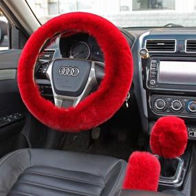 img 2 attached to 🍷 Wine Red Winter Warm Faux Wool Steering Wheel Cover Set - Valleycomfy Universal 15 Inch (3 Pcs), including Handbrake Cover & Gear Shift Cover