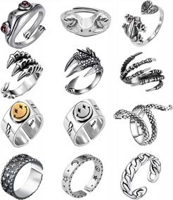 img 4 attached to Rock Your Style With CSIYANJRY99 12Pcs Vintage Punk Open Rings For Men Women Featuring Gothic Y2K Frog, Snake, Dragon Claw And Smiley Face Chain Rings - Stackable, Adjustable, And Versatile.