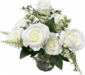 img 3 attached to UKELER 2 букета белые розы цветы цвета слоновой кости искусственный шелк розы букет для украшения дома вечерние фестиваль свадебный декор