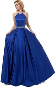img 2 attached to A-Line Halter Long Satin Evening Dress With Beading, Backless Prom Gown, Simple Floor Length Pockets