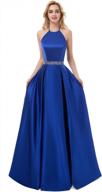 a-line halter long satin evening dress with beading, backless prom gown, simple floor length pockets logo