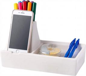 img 4 attached to Ceramic Phone & Pencils Holder - Modern Desk Organizer For Home Office - Multifunctional Stationery Box Organizer W/Smartphone Or Tablet Stand & Charger Cable Support - Work From Home Supplies